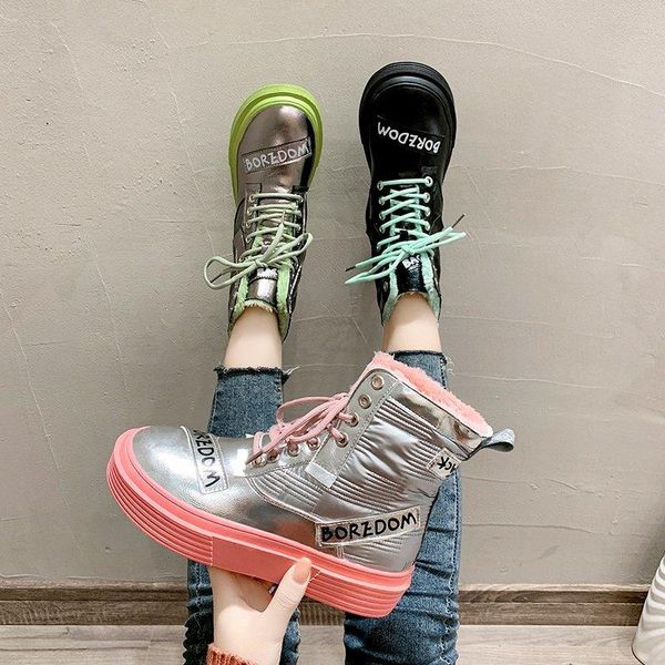 

boots lace-up 2021 winter shoes ankle for women leather snow non-slip keep warm wool women's sneakers botas mujer, Black