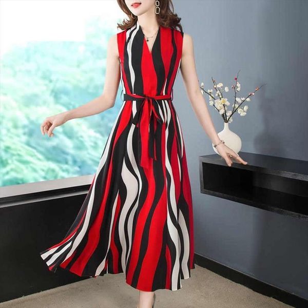 

summer casual stripe sleeveless womens dresses midi chiffon beach long fashion skirts for spring clothes, Black;gray