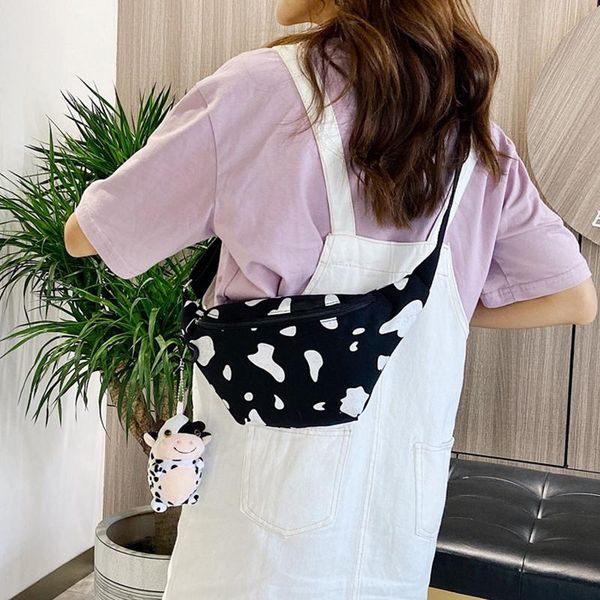 

canvas cow waist bag women cute messenger fashion large capacity chest bags milk pattern underarm pack wallet package