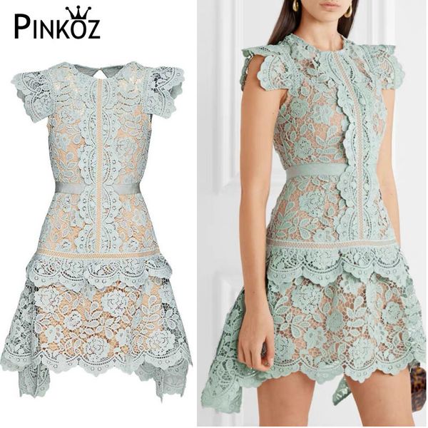 

arrive light blue dress women asymmetry summer runway dresses elegant lace hollow out dress vestido 210421, White
