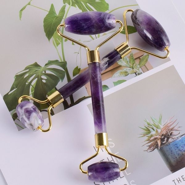 

wholesale natural amethyst crystal head massager for face stick purple quartz stone roller anti cellulite massage with retail box masajeador