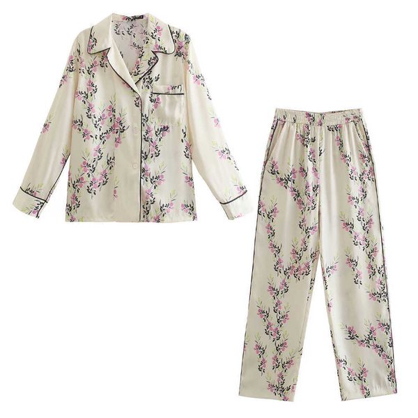 

two piece set women floral printed shirt & pants chic lady casual pajama style za women outfit pants sets ensemble femme 210709, White