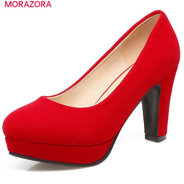 

arrive platform shoes extreme high heels square heel flock shallow slip on casual dress women pumps, Black