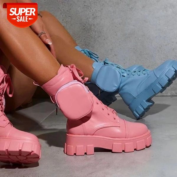 

women pocket boots lace up ladies female buckle strap black chunky pouch boots woman platform botas mujer 35-43 #uf6g