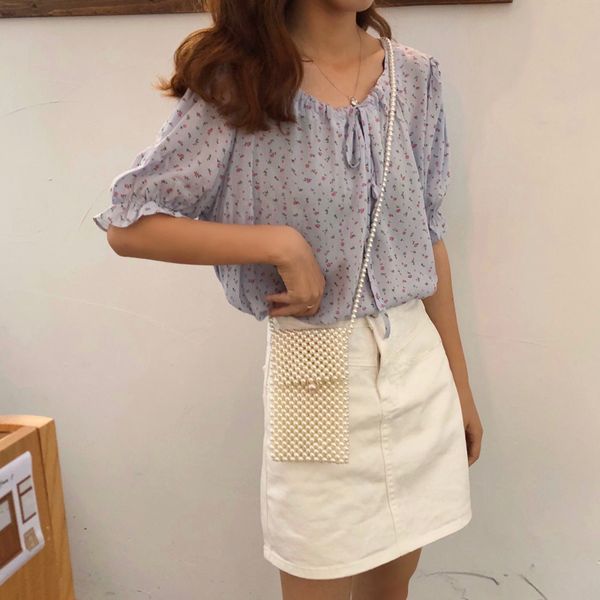 

2 colors femme womens summer korean style floral print short sleeve shirt women blouses office shirts (c6458), White
