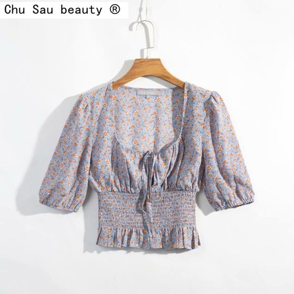 

vintage floral folds elastic waist fungus square neck puff sleeve high short crop blouse woman 210514, White