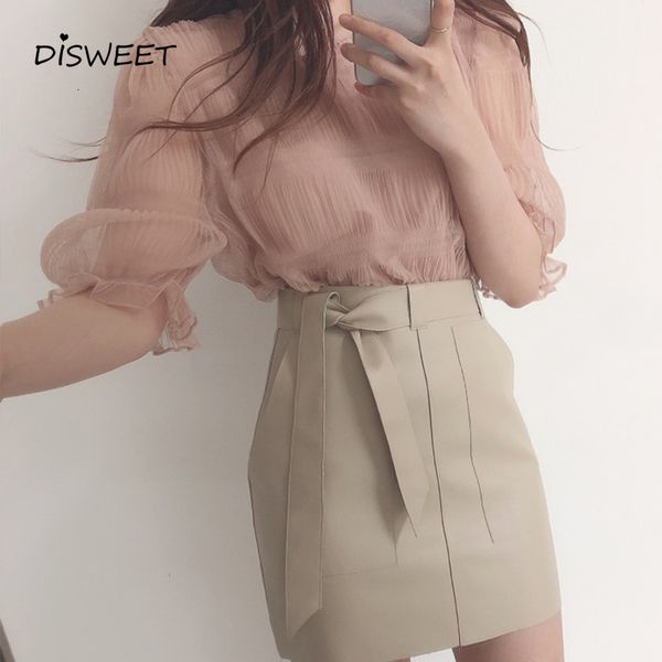 

sweaters chiffon pleated half woman korean solid perspective loose ladies simple summer round neck slim shirt women, White;black