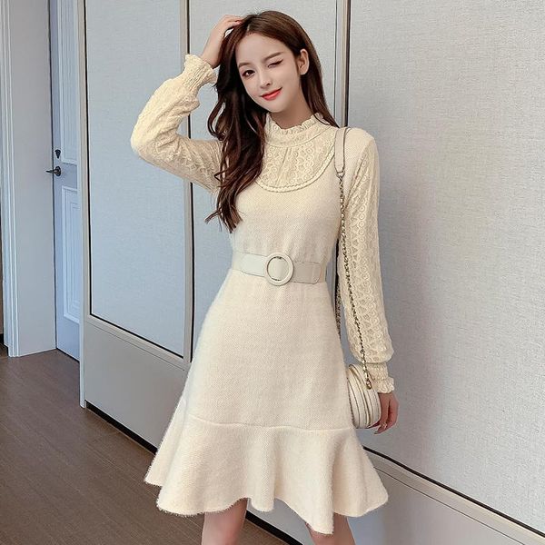 

casual dresses ichoix 2021 winter female clothing women elegant dress with belt lace puff sleeve knee-length s-xl size solid thick, Black;gray