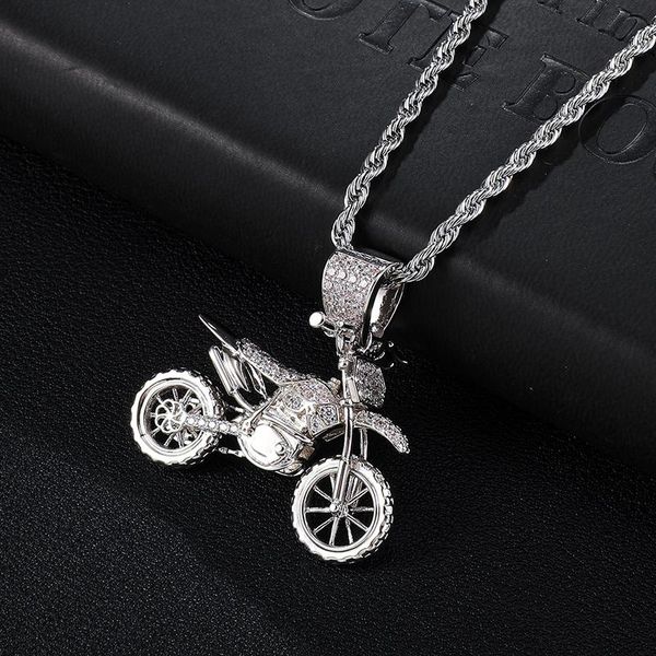 

d&z motorcycle pendant necklace in gold color hip hop full iced out bling cz cubic zircon copper necklaces for men jewelry, Silver