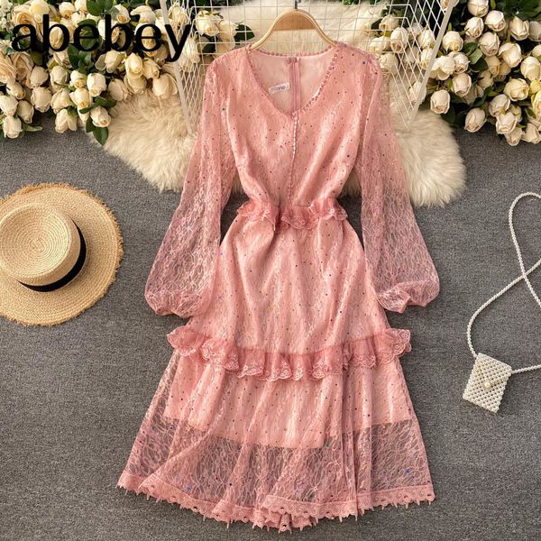 

french sequin lace dress women chic v neck puff sleeve a-line es autumn korean fashion streetwear midi 210512, Black;gray