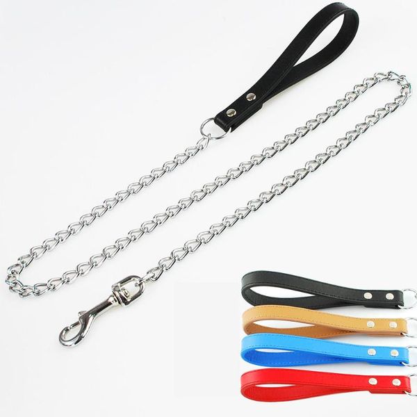 

dog collars & leashes stainless steel pet chain for small medium leash handle pu leather iron anti bite metal