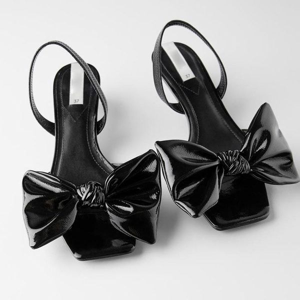 

square head patent leather big butterfly-knot women sandals 2021 fashion open toe fine heel retro back strap, Black