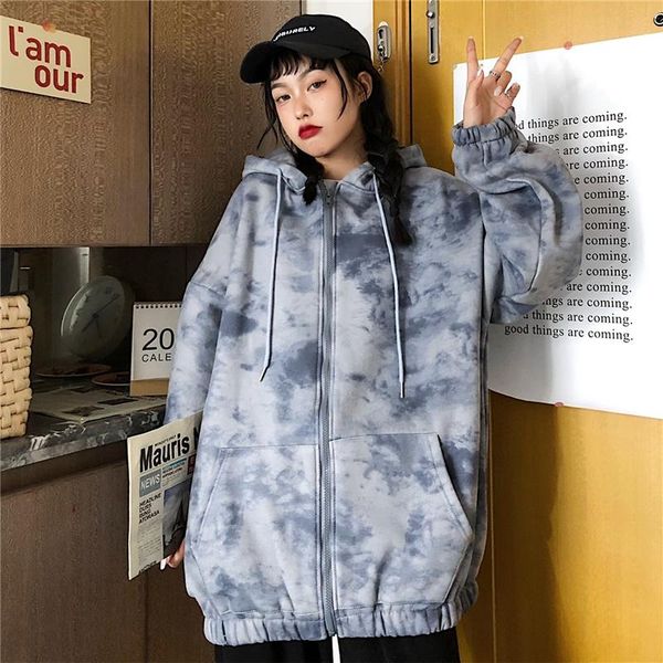 

women's hoodies & sweatshirts zipper tie-dye oversized women plus size sweatshirt hooded pocket streetwear coat 2021fall winter japanes, Black