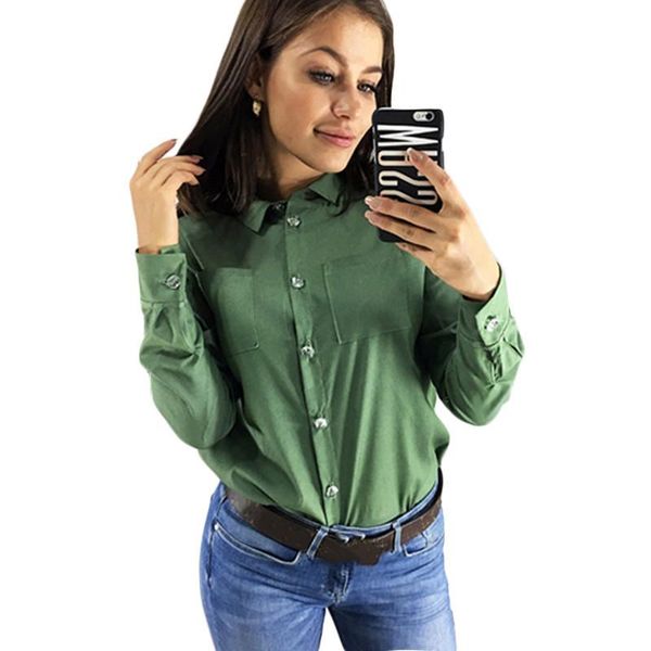

women's blouses & shirts spring long sleeve turn-town collar shirt solid color women ladies office button blouse with pockets ropa muje, White
