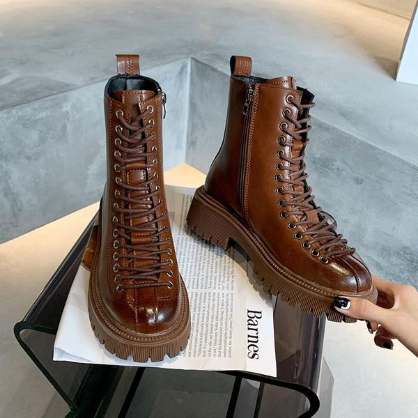

boots 2021 winter fashion women ankle platform zipper female motorcycle women's patent leather lace up, Black
