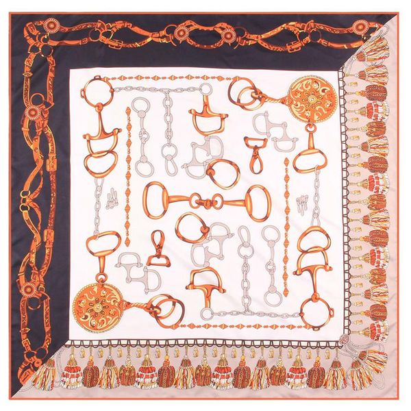 

scarves manual hand rolled twill silk scarf women tassel chain print square wraps echarpe curled foulards femme bandana hijabs, Blue;gray