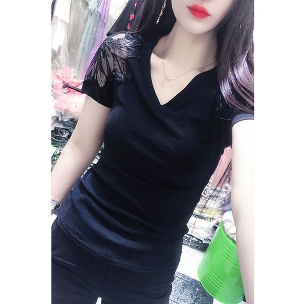 

women's sweaters t-shirt with v-collar for summer, short-sleeve shirt leaky sewing and lace, foreign style, summer fashion q4l6, White;black