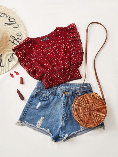 

polka dot ruffle trim shirred hem crop u240#, White