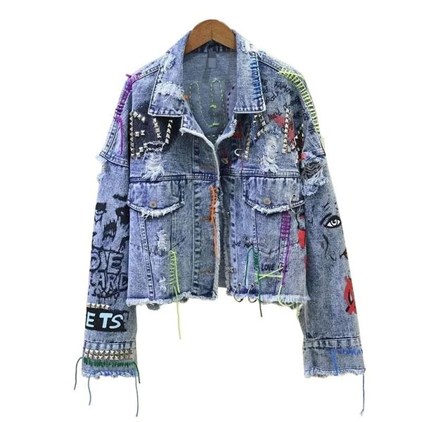 

women's jackets denim jacket graffiti rivet jean female holes fashion girl outerwear spring autumn coat 2021, Black;brown