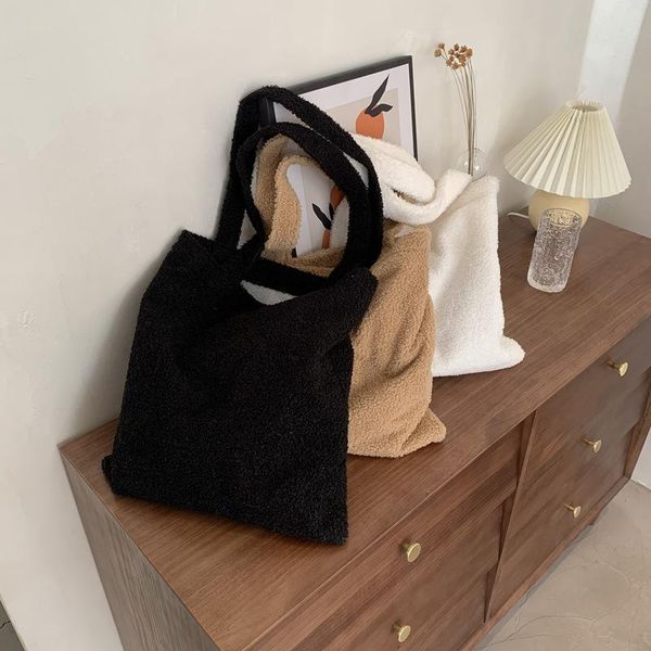 

evening bags 2021 winter warm soft plush shoulder large capacity furry fluffy tote shopping bagssolid color open pocket for women