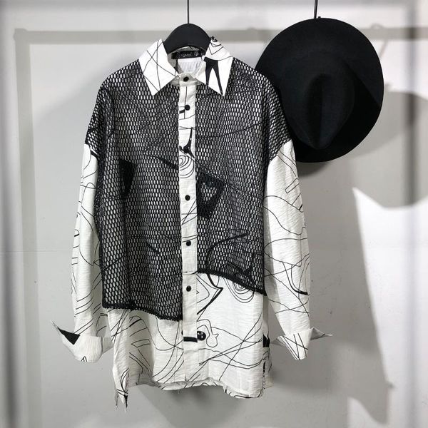 

men's casual shirts 2021 original dark mesh patchwork print loose long sleeve shirt hip-hop street style top, White;black