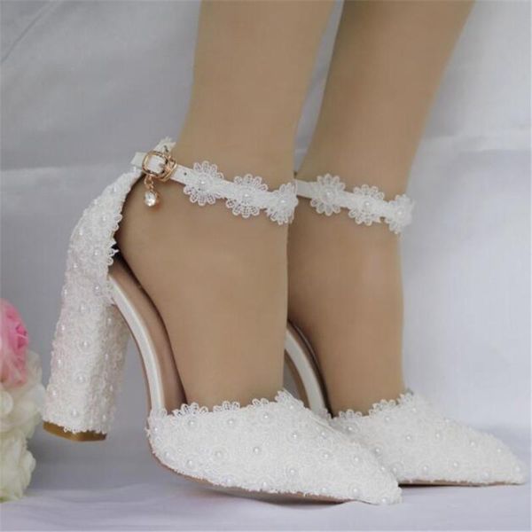 

white lace wedding shoes for women thick flower high heel bridal with low mouth buckle large size 40 41 dress, Black