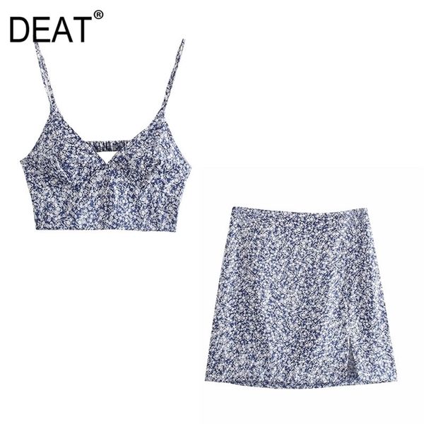 

[deat] summer fashion printing sleeveless sling loose a-line mini skirts women two-piece suit 13q023 210527, White