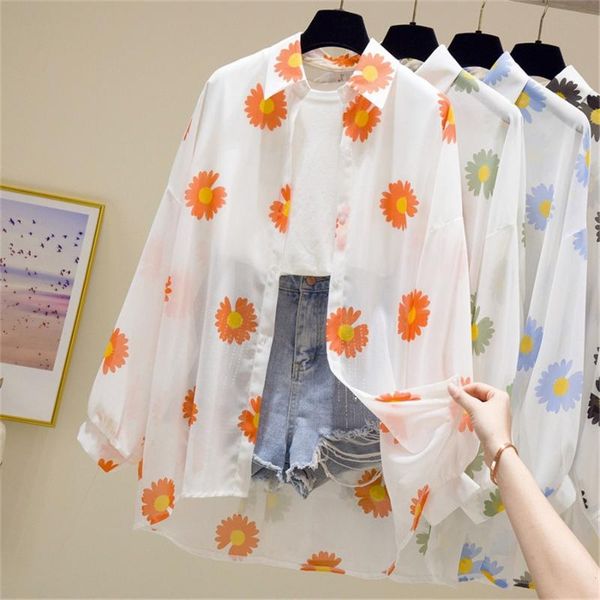 

women's blouses & shirts daisy sunscreen clothing women fashion casual female turn-down collar loose long sleeve chiffon, White