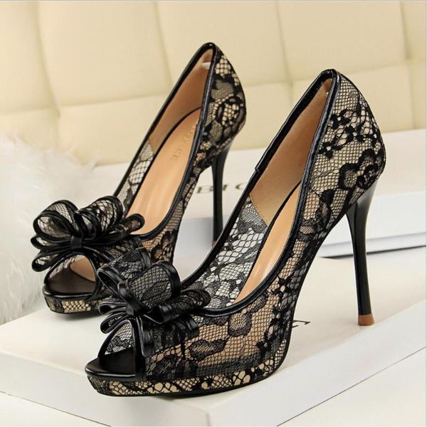 

dress shoes koovan women's high heel sandals 2021 lace butterfly-knot pumps platform cut-outs mesh party, Black