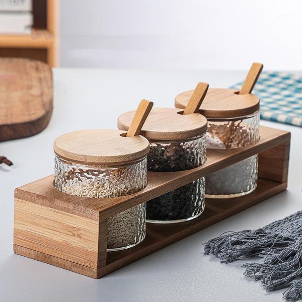 

storage bottles & jars japanese style hammered glass bamboo and wood seasoning box set household kitchen salt shaker jar
