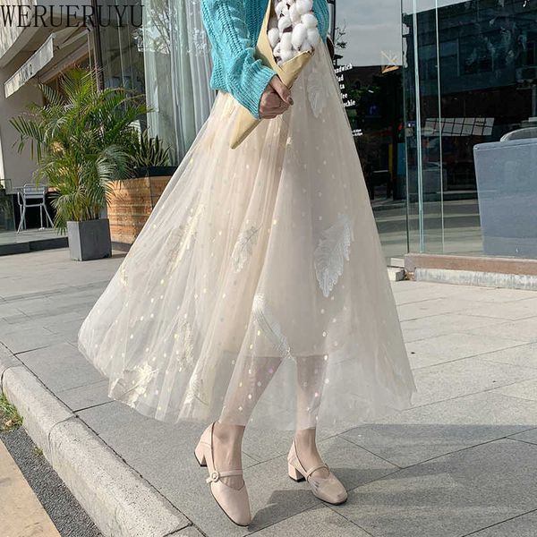 

werueruyu han edition joker in penh waist head feathers white gauze a-line skirts female skirt 210608, Black