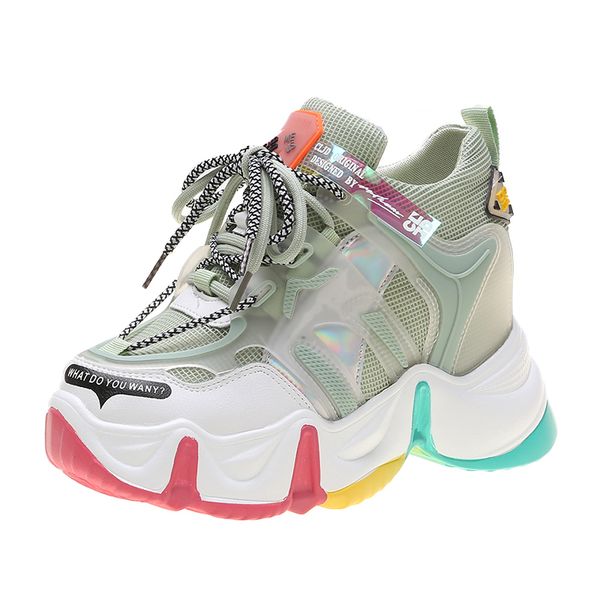 

women chunky sneakers summer ladies thick sole 9cm wedges casual shoes woman breathable mesh sports vulcanize shoes yellow pink
