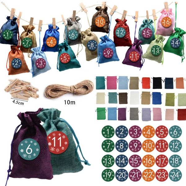 

christmas decorations 24pcs set advent calendar countdown jute candy bag drawstring bundle pocket xmas calendrier gift