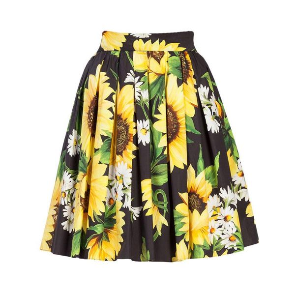 

skirts customized women's vintage yellow sunflower print pleated knee-length skirt ladies floral a-line casual saia, Black