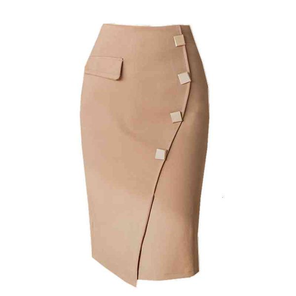 

skirts chic summer spring french women metal buttons elegant ladies asymmetric midi ol high waist fishtail bottom, Black