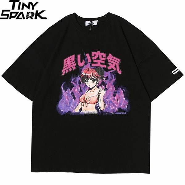 

men hip hop t shirt streetwear japanese cartoon girl tshirt harajuku hiphop oversize t-shirt anime cotton tees 210324, White;black
