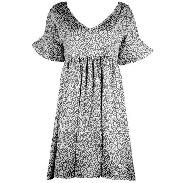 

casual dresses style ladies summer loose flared sleeve printed dress v-neck cotton beachwear party plus size, Black;gray