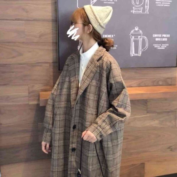 

autumn and winter wool plaid coat women's korean loose student windbreaker medium long thickened trend, Black