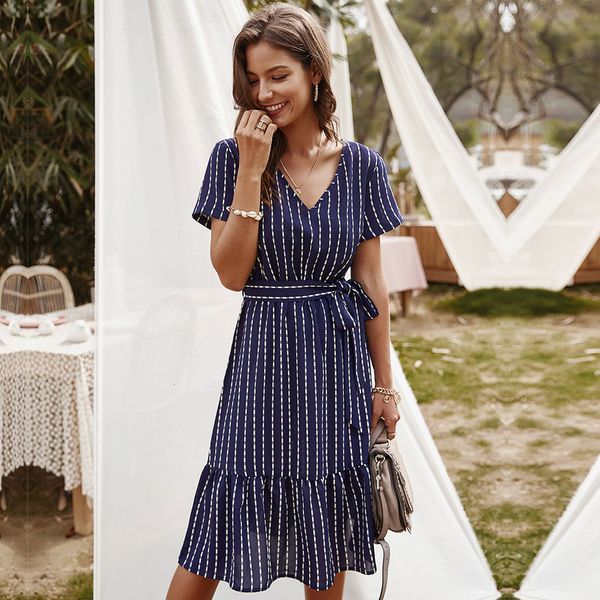 

dresses summer casual short sleeve striped women v-neck ruffles high waist lace up knee-length aad7, Black;gray