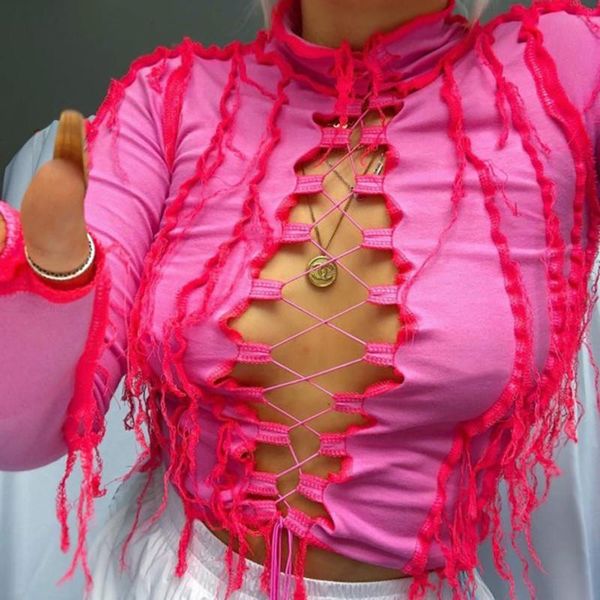 

women's t-shirt autumn long sleeve crop women patchwork lace up party hollow out bodycon club tie front clubwear streetwear, White