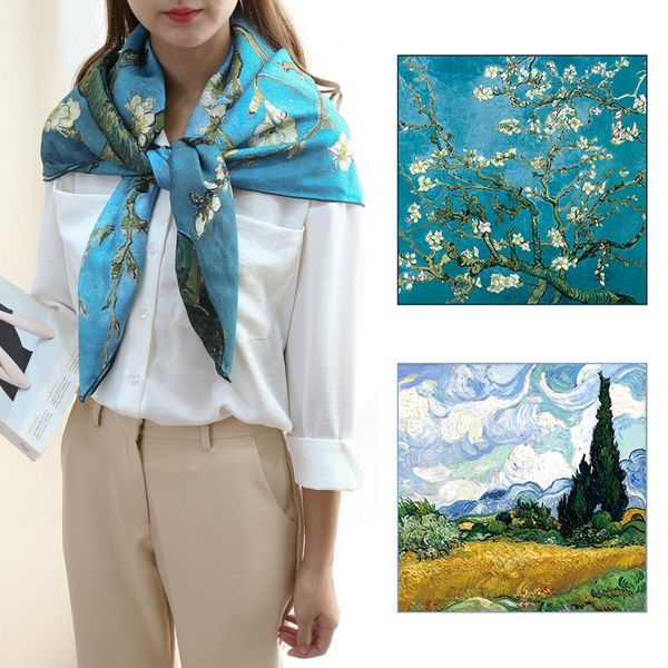 

scarves oil painting 100% twill silk scarf shawl foulard women luxury head hijab 35" x, Blue;gray