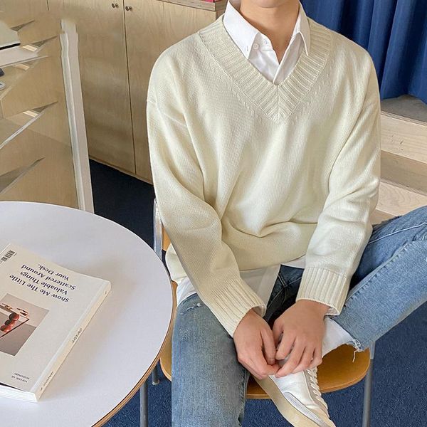 

men's sweaters men v-neck sweater korean fashion spring and autumn loose knitted thin outerwear clothes vingtage basic male, White;black