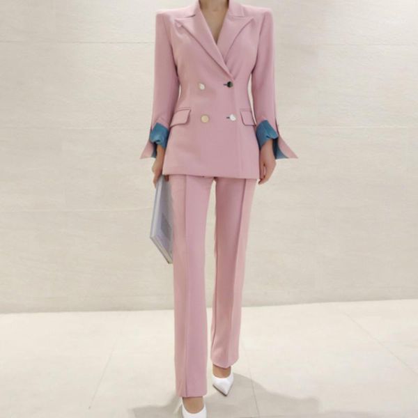 

women's two piece pants autumn long sleeve double breasted blazer coat full pant suits solid office casual sets1, White