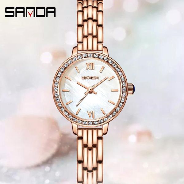 

wristwatches sanda ladies wrist watches dress gold watch women crystal diamond stainless steel quartz clock relÃ³gio feminino, Slivery;brown