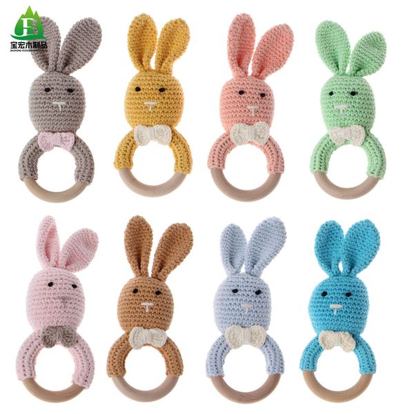 BPA Free Safe Crochet Massaggiagengive Cartoon Bunny Sonaglio di legno Giocattoli fai da te Neonato Anello dentizione Passeggino Culla Giocattolo per bambini 2502 Q2