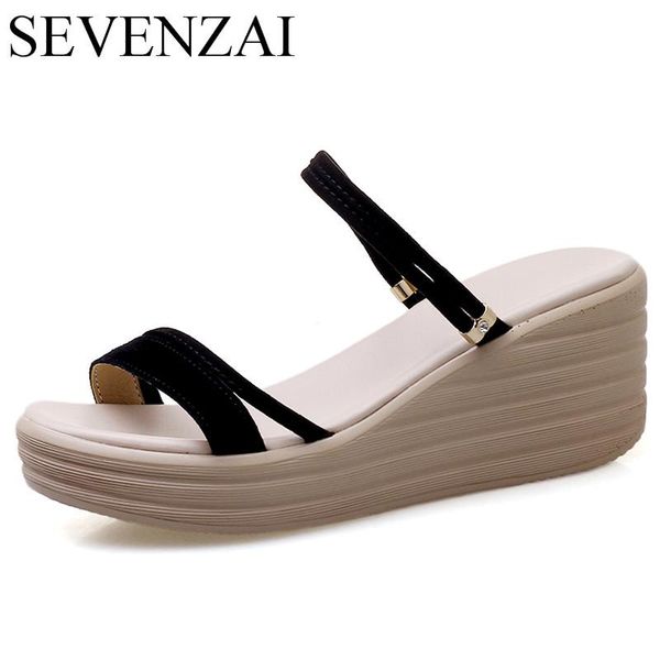 

summer women sandals shoes slide wedge platform ladies moccasins korean trend designer height increasing heels female beach shoe, Black