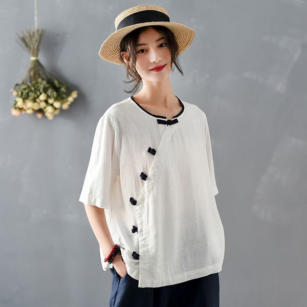 

johnature women vintage shirts cotton linen blouses button summer o-neck short sleeve solid color women loose shirts 210521, White