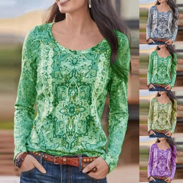 

women's blouses & shirts women t-shirt ethnic pattern loose autumn comfortable skin-friendly round neck long sleeve blouse for party, White