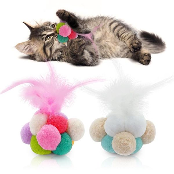 

cat toys 2pcs catnip feather balls colorful artificial diy funny bouncy teaser bell stick ball animal toy interactive