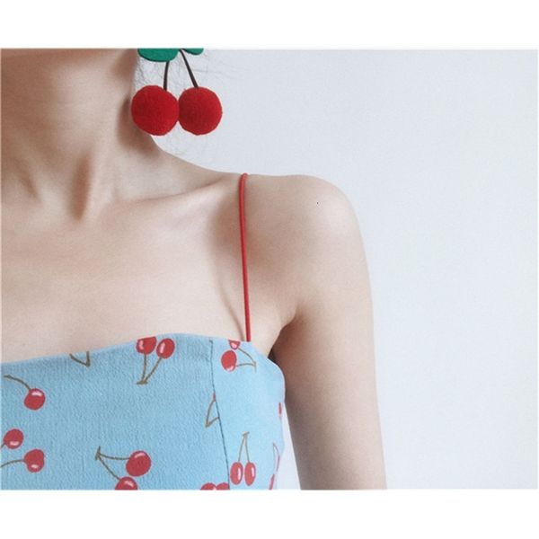 

female holiday beautiful red cherry thin spaghetti girdle party dress, Black;gray